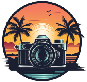 Lexi Gerdts Photography Sunsets N Chill Logo. Camera with a sunset background.