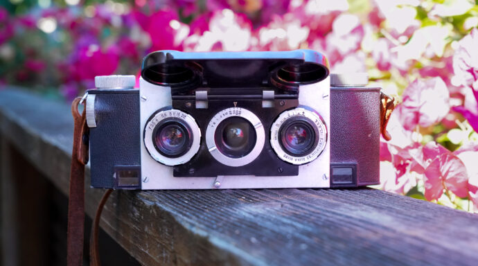 Front side of Stereo Realist Stereoscopic 3D Camera with cover flap open, stylized image