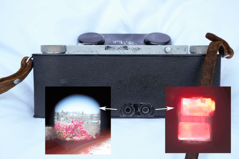 Backside of Stereo Realist Stereoscopic 3D Camera, With preview images of the different viewfinders. Left viewfinder is a full frame of what you're capturing, and right viewfinder is the split view between the two lenses.