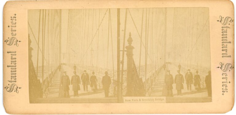 Stereographic photo of Cops walking on the Brooklyn Bridge when it first opened around 1880-1890's