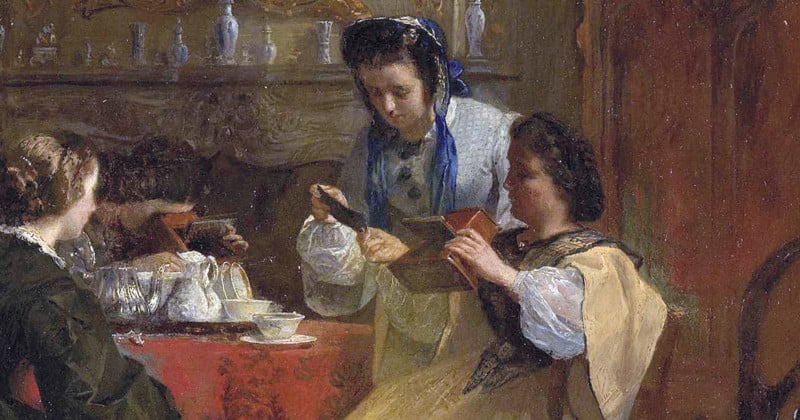 Oil on canvas painting, titled "Company of ladies watching stereoscopic photographs," Created by the Dutch 19th-century painter Jacob Spoel (1820-1868). The artwork is part of the collection at the Rijksmuseum in Amsterdam.