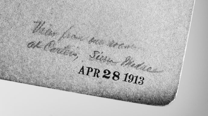 Enhanced photo of the writing on "Back of stereograph card dated April 28, 1913, with handwriting 'View From (?) at (?Carters?), Sierra Madre.'"