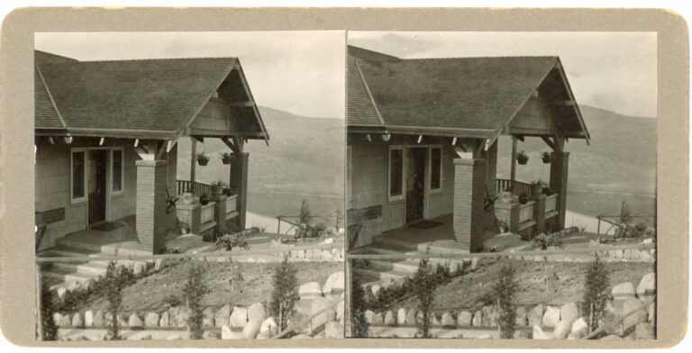 1913 stereograph showing front view of Silver Lake 'Windhurst' house, wooden porch, and surrounding hillside landscape.