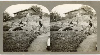 1912 stereograph showing construction scene of a hillside house near Silver Lake Reservoir, with dirt grading in foreground.