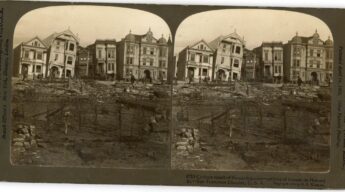 San Francisco Stereoview No. 8713 – Tilted Homes on Howard Street Houses knocked off their foundations lean into each other in a dramatic tilt.