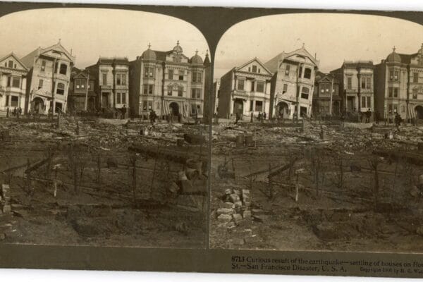 San Francisco Stereoview No. 8713 – Tilted Homes on Howard Street Houses knocked off their foundations lean into each other in a dramatic tilt.