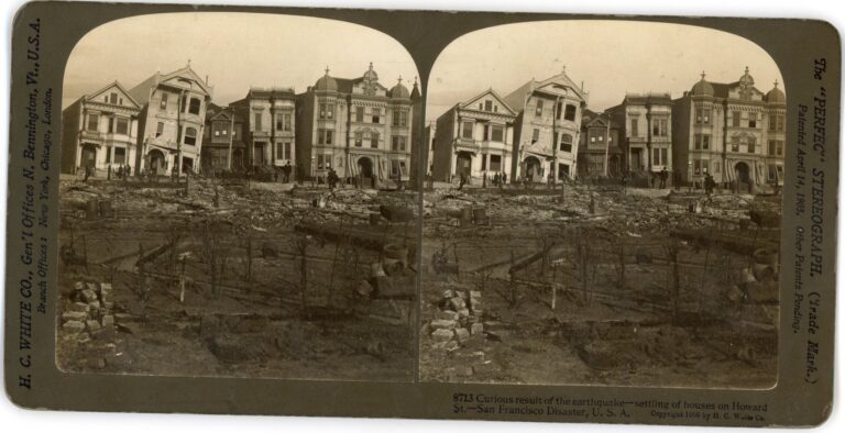 San Francisco Stereoview No. 8713 – Tilted Homes on Howard Street Houses knocked off their foundations lean into each other in a dramatic tilt.