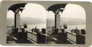 Old Silver Lake Los Angeles stereograph showing porch view overlooking the reservoir.