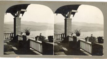 Old Silver Lake Los Angeles stereograph showing porch view overlooking the reservoir.