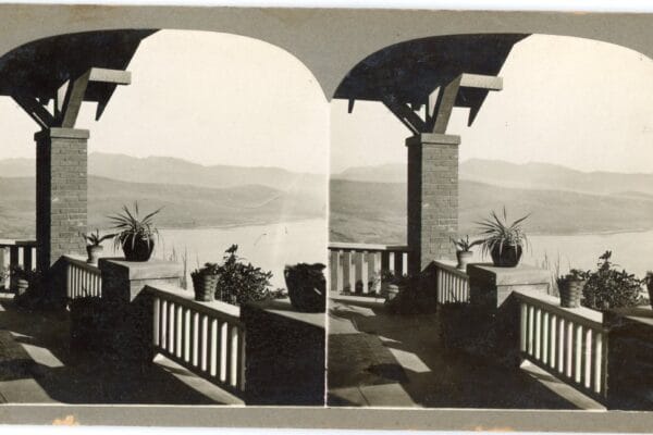Old Silver Lake Los Angeles stereograph showing porch view overlooking the reservoir.