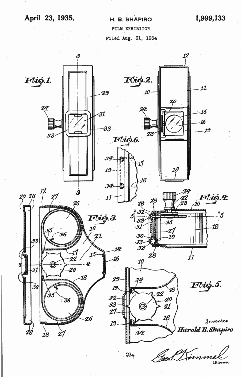 Original “Film exhibitor” patent: https://patents.google.com/patent/US1999133 Inventor: Harold B Shapiro, Current Assignee: ALLIED Manufacturing Co