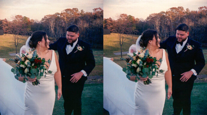 Stereoscopic 3D film photo of the bride and groom together looking happy after the ceremony. Shot on the Stereo Realist Camera. Bison Ranch, Dahlonega, Georgia.