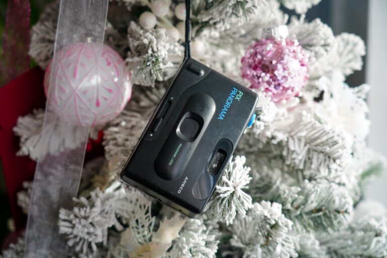 Ansco Pix Panorama camera hanging on a christmas tree