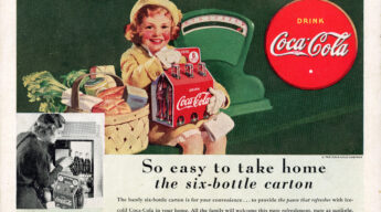 1938 Coca-Cola print advertisement of a little girl holding a Coca Cola 6 pack