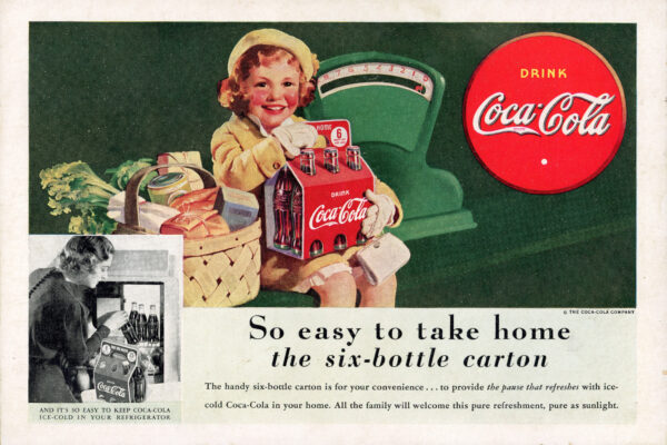 1938 Coca-Cola print advertisement of a little girl holding a Coca Cola 6 pack