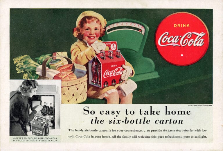 1938 Coca-Cola print advertisement of a little girl holding a Coca Cola 6 pack