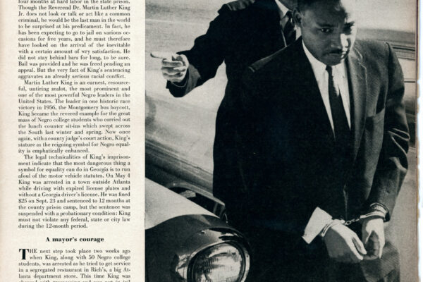 Article about Martin Luther King Jr, from Life magazine published November 7th 1960. Page 1 of 7, featuring a photo of MLK in handcuffs.