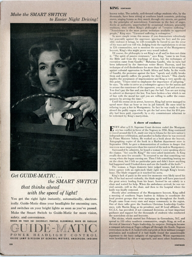 Article about Martin Luther King Jr, from Life magazine published November 7th 1960. Page 4 of 7.