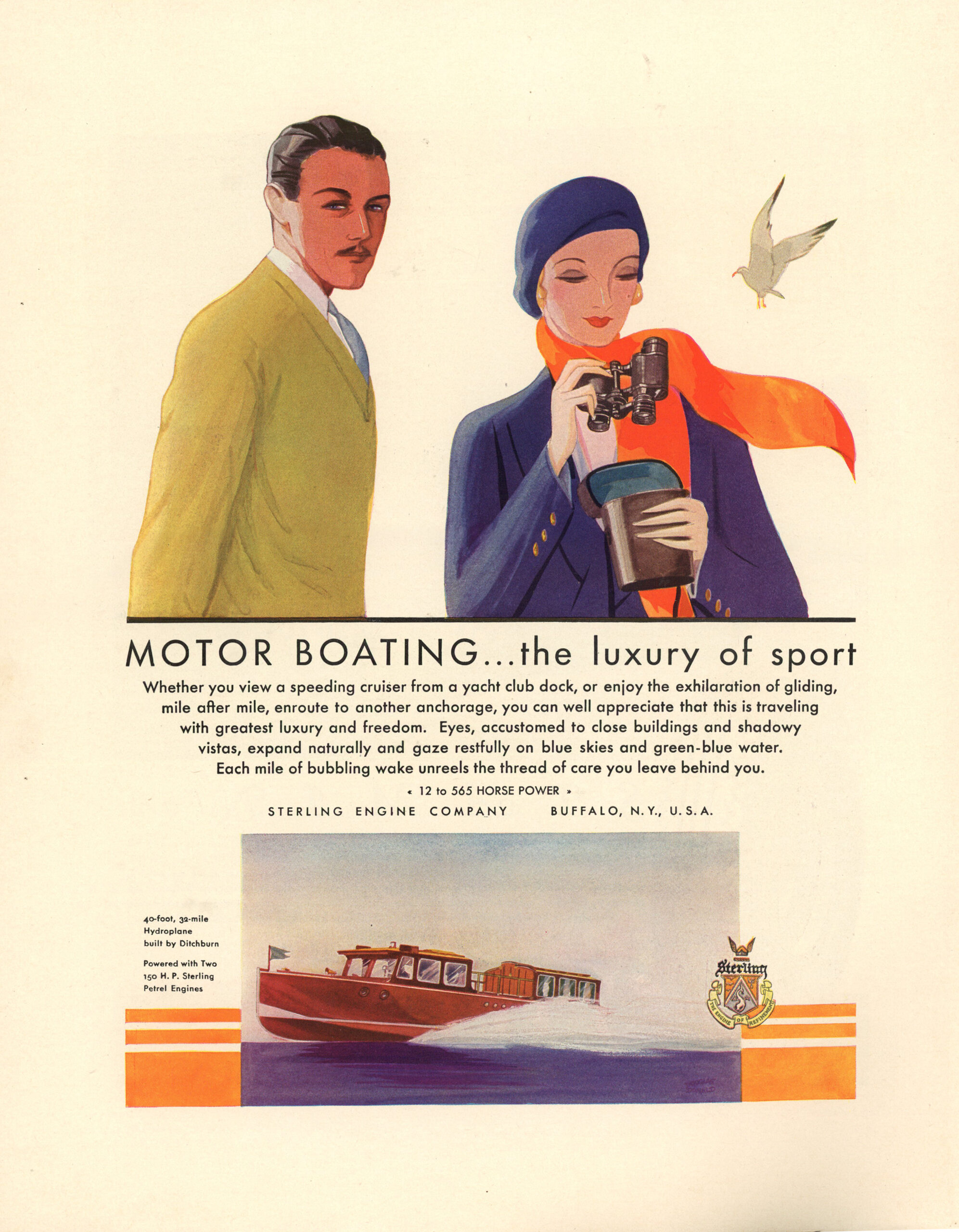 Sterling Engine Company advertisement showing fashionable couple enjoying motor boating luxury in Fortune Magazine 1930.