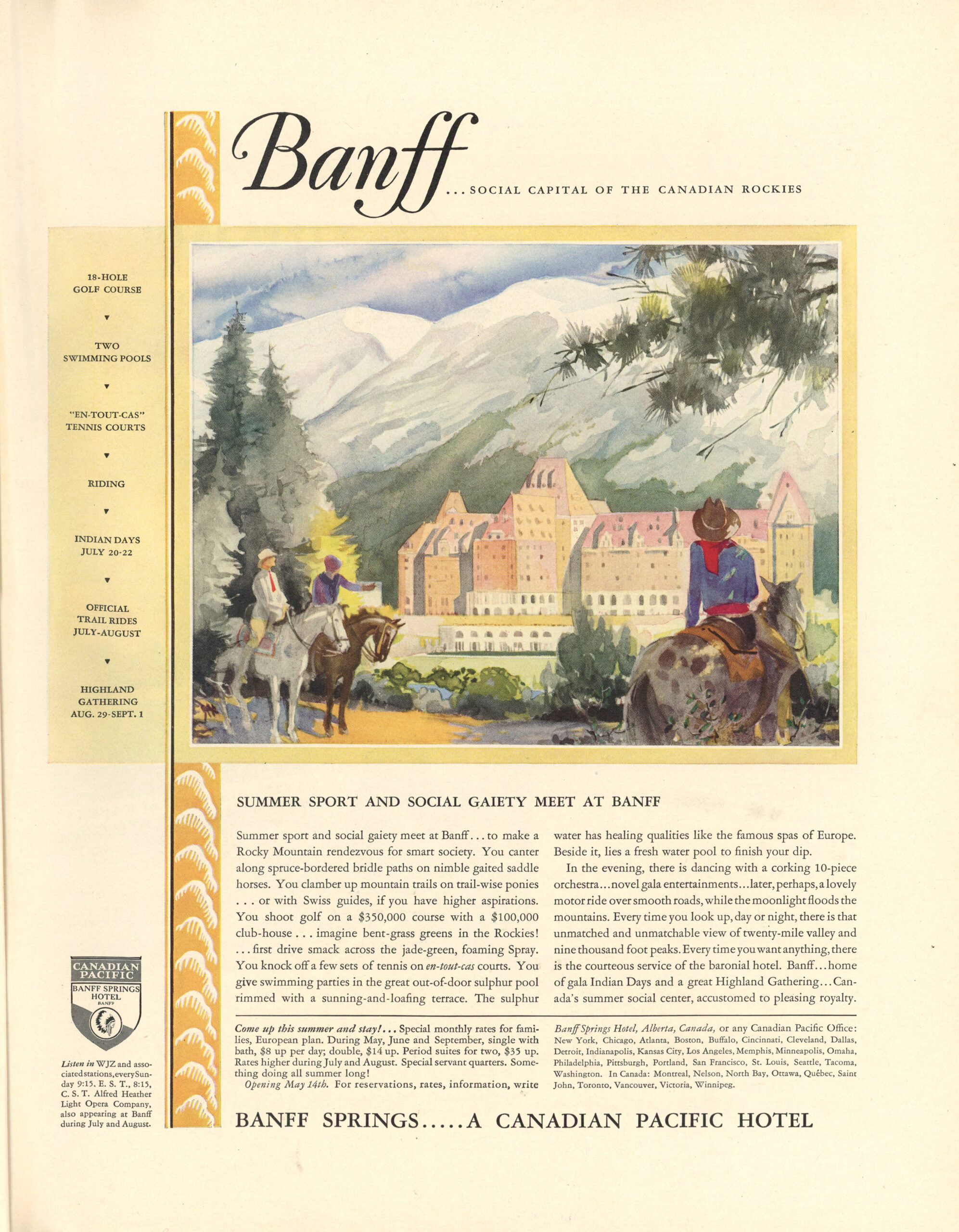 Banff Springs Hotel advertisement showing riders overlooking mountain resort in the Canadian Rockies in Fortune Magazine 1930.