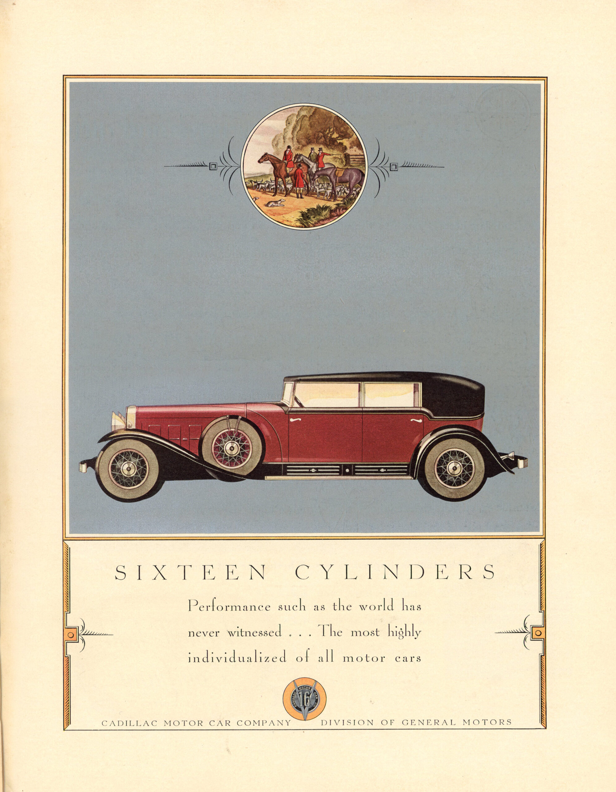 Cadillac luxury automobile advertisement titled “Sixteen Cylinders” featuring illustrated red sedan in Fortune Magazine 1930.