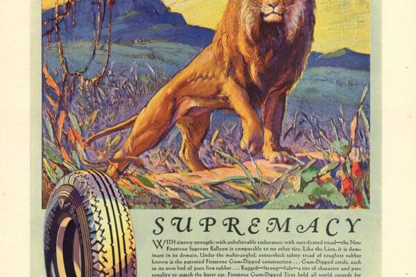 Firestone tire advertisement featuring lion representing power and dominance in Fortune Magazine 1930.