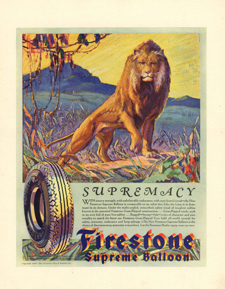 Firestone tire advertisement featuring lion representing power and dominance in Fortune Magazine 1930.