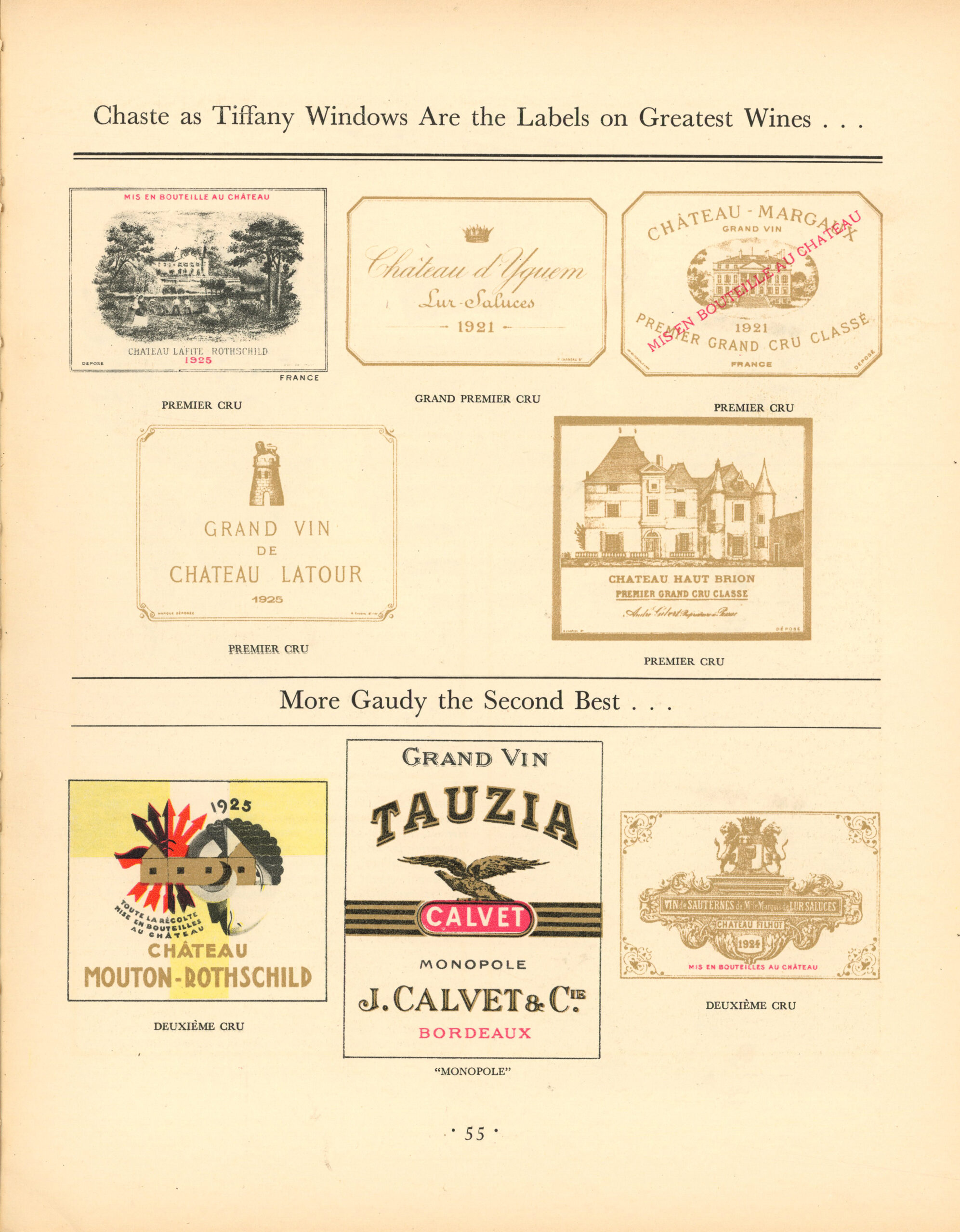 Page displaying famous Bordeaux wine labels including Château Yquem and Château Latour in Fortune Magazine 1930.