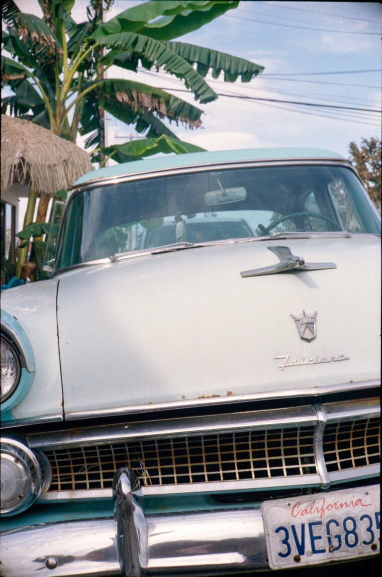 close up of vintage Ford Fairlane hood and grille Ocean Beach San Diego, Yashica Electro 35
