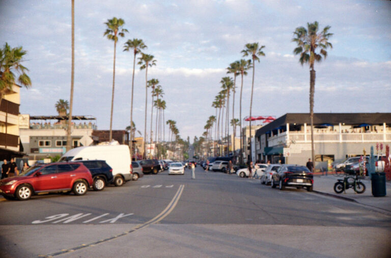 Newport Avenue Ocean Beach San Diego street photography with palm trees, Yashica Electro 35