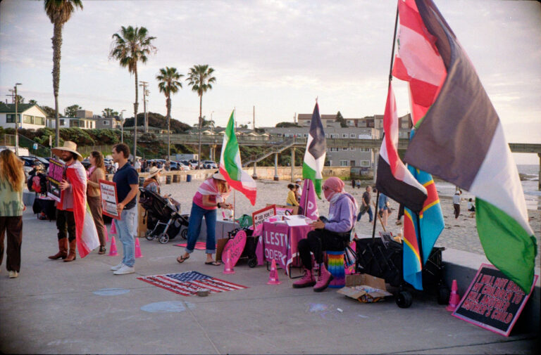 protest group with Palestinian and Iranian flags at Ocean Beach San Diego pier, Yashica Electro 35