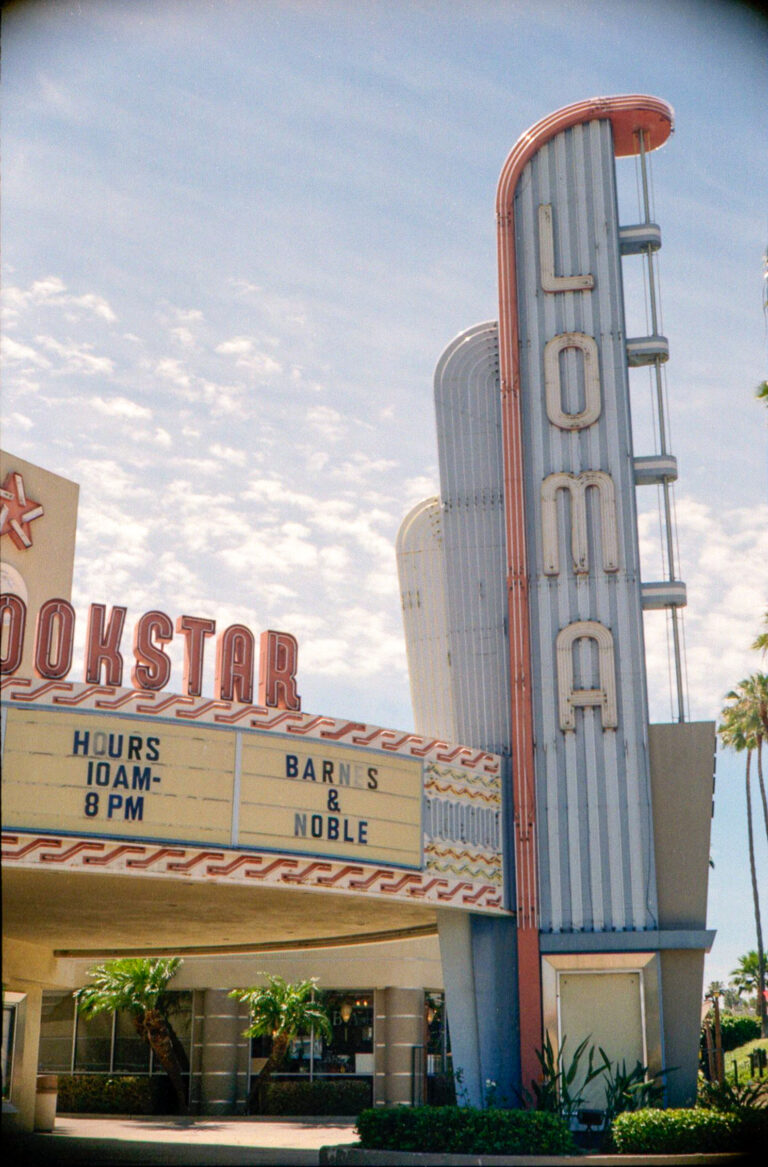 Bookstar Loma Theatre Barnes and Noble sign in Ocean Beach San Diego, Yashica Electro 35 film photography