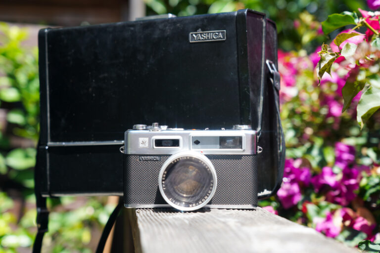Yashica electro 35 film camera stylized with original Yashica camera case