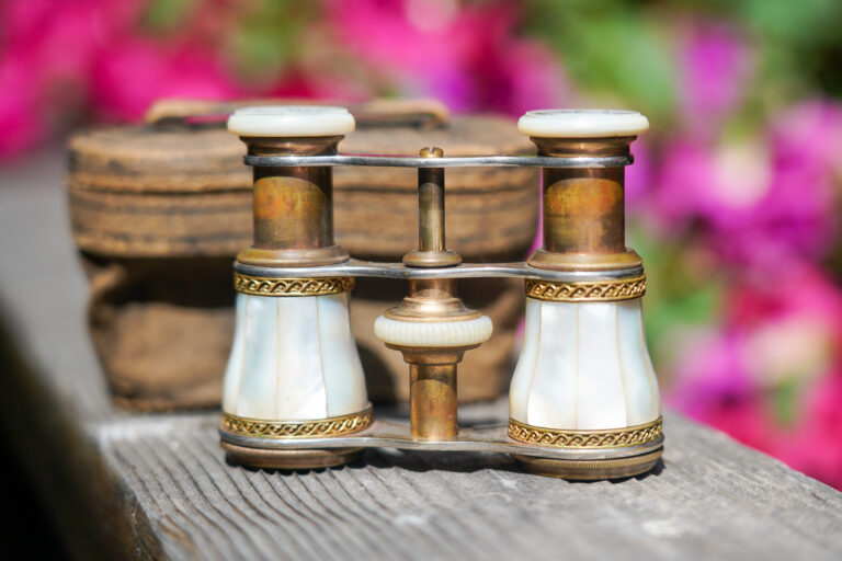 Vintage 1880's Le Roque Paris mother of pearl french opera glasses and original leather case in the background