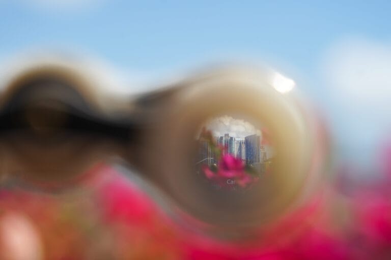 eyepiece close-up of the Vintage 1880's Le Roque Paris mother of pearl french opera glasses - looking at the city view