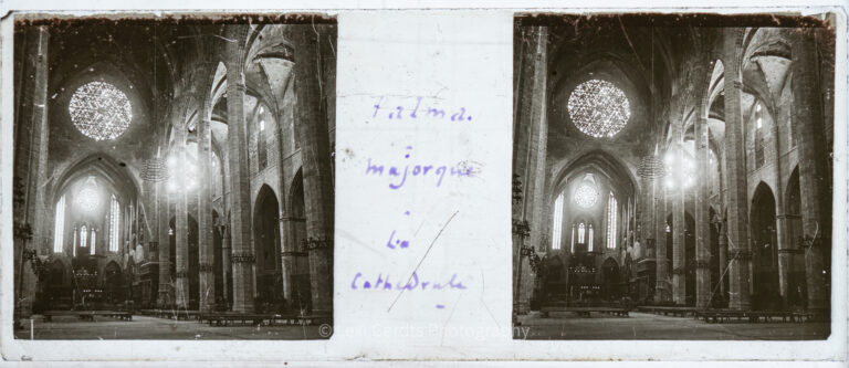 Vérascope Richard glass slide captioned "Palma, Majorque – la Cathédrale" showing the soaring Gothic interior of La Seu cathedral in Palma de Mallorca, Spain, with its twin rose windows. From Empress Eugenie Verascope Richard collection.
