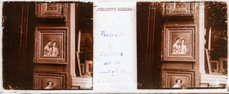 Antique stereoscopic glass slide captioned "Portrait of Empress at 12 and of the Duchess d'Albe" showing a close-up photograph of a painting of young Empress Eugénie and her sister, displayed at Farnborough Hill. From Empress Eugenie Verascope Richard collection.