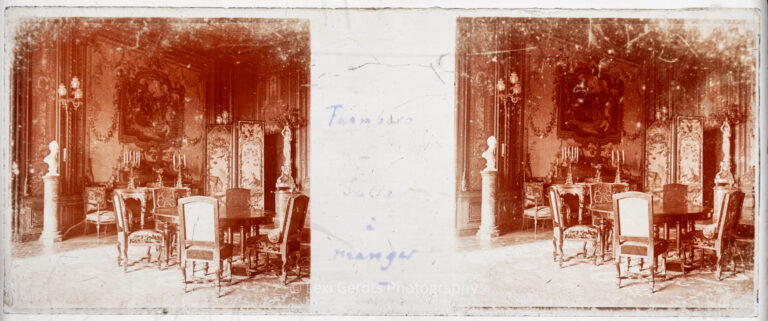 Stereoscopic glass plate captioned "Farmboro – Salle à manger" showing the formal dining room of an unidentified grand house with tapestries, candelabras, and period furniture, circa early 1900s. From Empress Eugenie Verascope Richard collection.