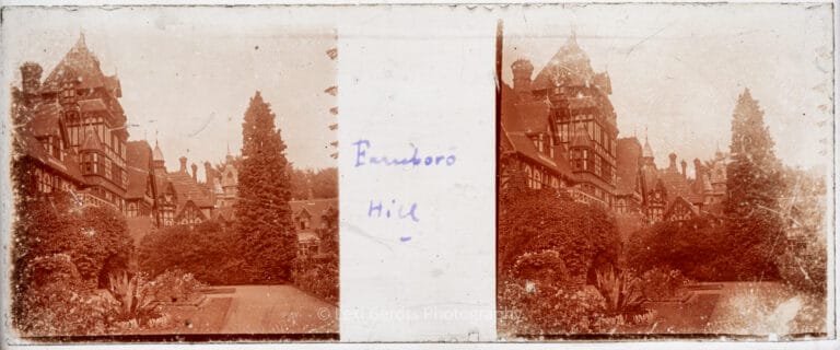 Vérascope Richard glass slide captioned "Farnboro Hill" showing the exterior of Farnborough Hill across the garden, the Hampshire residence of Empress Eugénie from 1881 to 1920. From Empress Eugenie Verascope Richard collection.