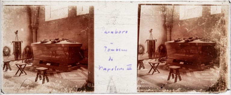 Antique Vérascope Richard glass slide captioned "Farnboro – Tombeau de Napoléon III" showing the sarcophagus of Napoleon III inside the Imperial Crypt at St Michael's Abbey, Farnborough, Hampshire. From Empress Eugenie Verascope Richard collection.