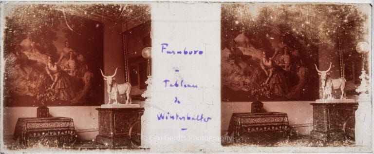 Stereoscopic glass slide captioned "Farnboro – Tableau de Winterhalter" showing a Winterhalter painting and marble bull sculpture displayed inside Farnborough Hill, Empress Eugénie's Hampshire estate. From Empress Eugenie Verascope Richard collection.
