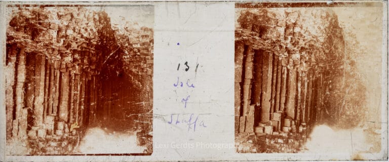 Stereoscopic glass slide numbered 131 and captioned "Isle of Staffa" showing the basalt colonnade interior of Fingal's Cave on the Isle of Staffa, Inner Hebrides, Scotland. From Empress Eugenie Verascope Richard collection.