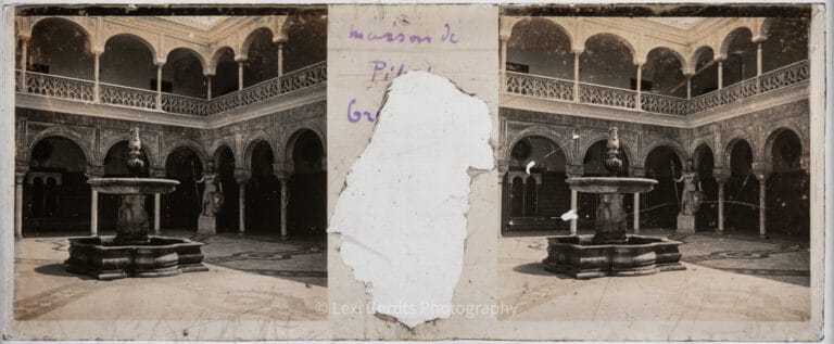 Vérascope Richard glass slide captioned "Maison de Pilate, Séville – [Grand patio]" showing the courtyard fountain and Mudéjar arches of the Casa de Pilatos in Seville, Spain. From Empress Eugenie Verascope Richard collection.