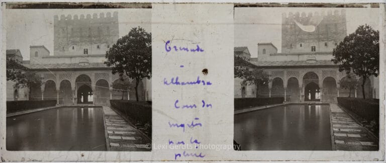 Vérascope Richard glass slide captioned "Grenade – Alhambra – Cour des Myrtes (?) la (?)" showing the Court of the Myrtles reflecting pool and Moorish arches at the Alhambra palace in Granada, Spain. From Empress Eugenie Verascope Richard collection.