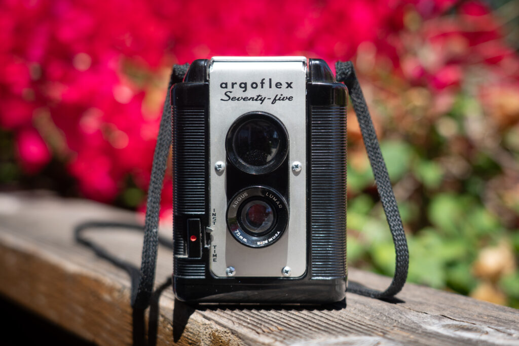 Argus Argoflex Seventy-Five front view with Lumar 75mm lens, vintage 620 film box camera
