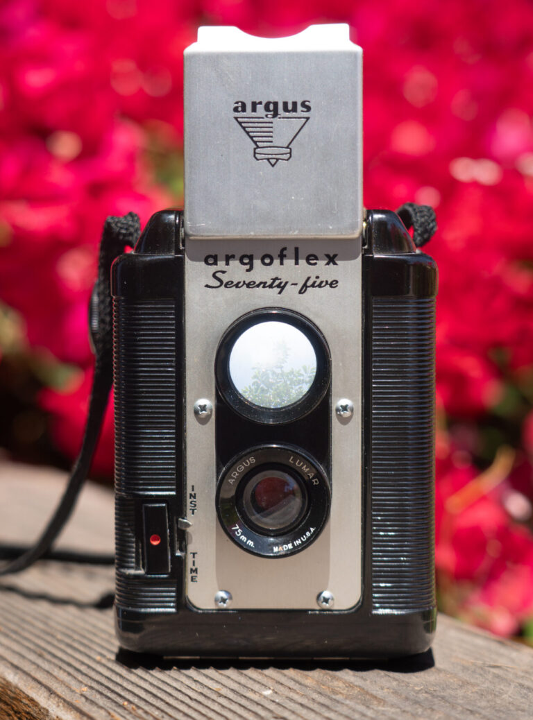 Argus Argoflex Seventy-Five front view with Lumar 75mm lens, vintage 620 film box camera