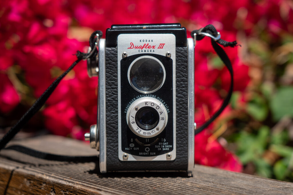 Kodak Duaflex III front view with Kodar 72mm lens, vintage 620 pseudo-TLR box camera