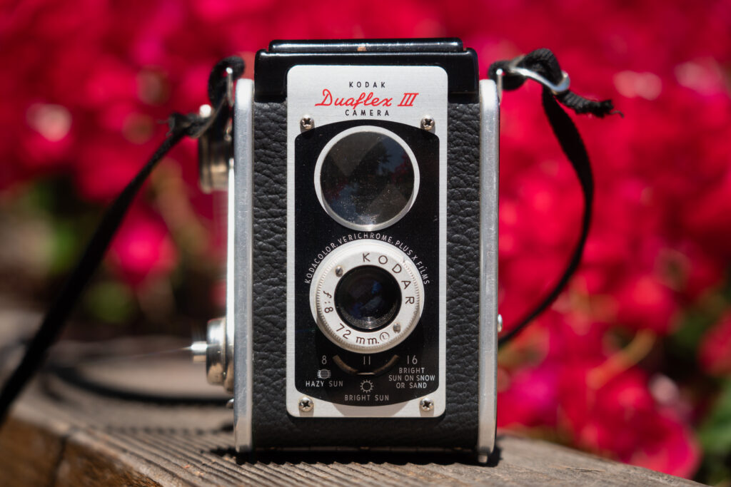 Kodak Duaflex III front view with Kodar 72mm lens, vintage 620 pseudo-TLR box camera