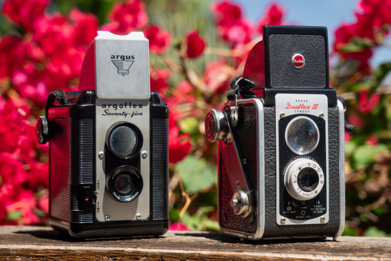 Kodak Duaflex III and Argus Argoflex Seventy-Five box cameras side by side, vintage 620 film cameras