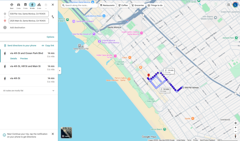 Walking route from my old office (Merle Norman Building) to the home address listed on the envelope.